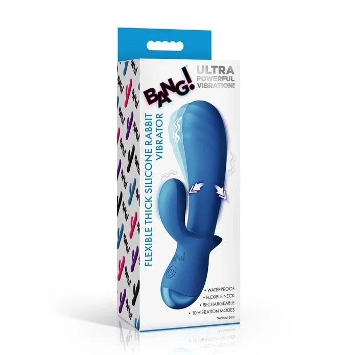 The retail packaging box for the BANG! Ultra Powerful Vibration Flexible Thick Silicone Rabbit Vibrator, showing a blue rabbit-shaped vibrator on a white and blue box.