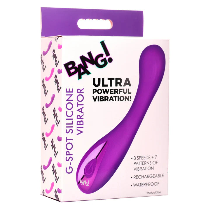 Purple G-Spot silicone vibrator packaging with 'Bang!' branding on a white background