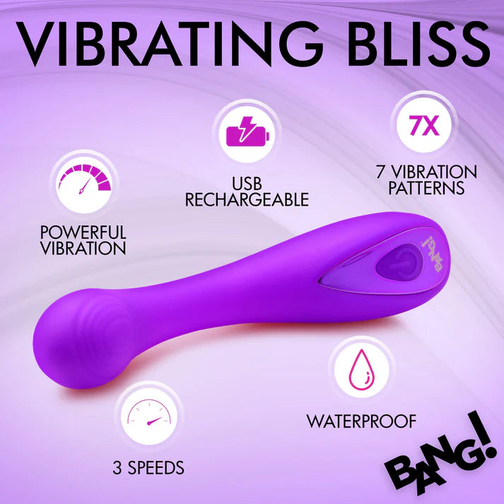 Purple vibrating toy with features listed on a purple background