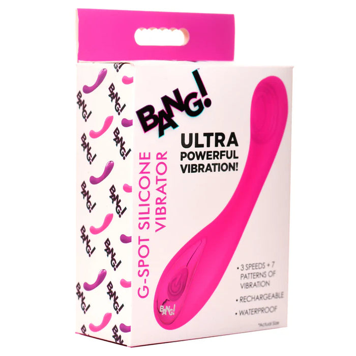 Box of a pink G-Spot silicone vibrator with 'BANG!' branding on a white background.