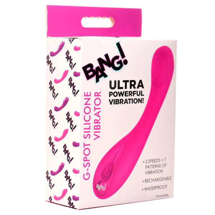 Box of a pink G-Spot silicone vibrator with 'BANG!' branding on a white background.