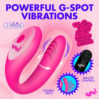 Pink BANG! brand S-shaped adult novelty vibrator with purple text reading 'POWERFUL G-SPOT VIBRATIONS' and callout badges showing 3 speeds, flexible neck, remote control, and vibration patterns.
