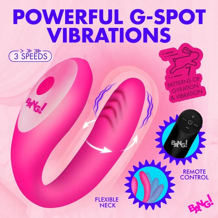 Pink BANG! brand S-shaped adult novelty vibrator with purple text reading 'POWERFUL G-SPOT VIBRATIONS' and callout badges showing 3 speeds, flexible neck, remote control, and vibration patterns.