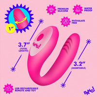 Pink U-shaped silicone personal massager toy on a light pink background with promotional text and icons. The image includes callouts for total length 3.
