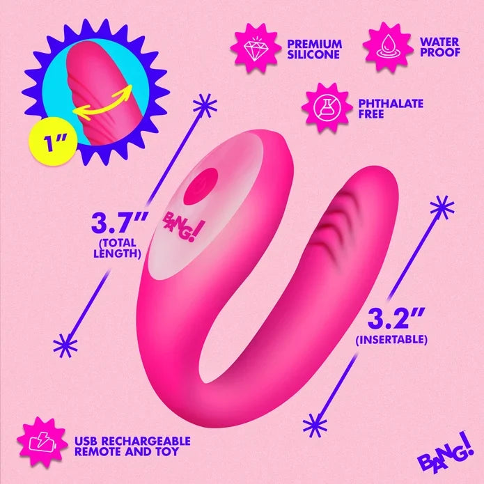 Pink U-shaped silicone personal massager toy on a light pink background with promotional text and icons. The image includes callouts for total length 3.