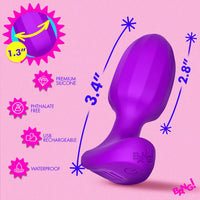 Purple toy with measurements and features on a pink background