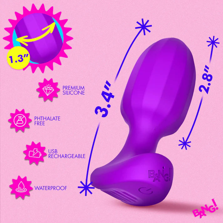 Purple toy with measurements and features on a pink background