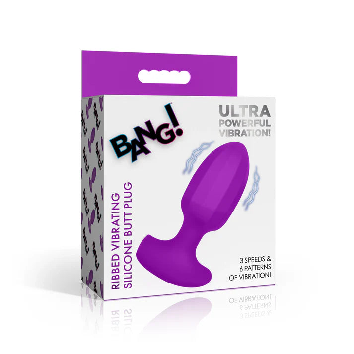Purple ribbed vibrating silicone butt plug packaging with 'BANG!' branding on a white background