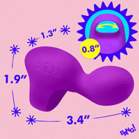 Purple finger vibrator with measurements on a pink background