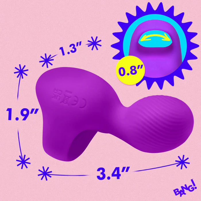 Purple finger vibrator with measurements on a pink background