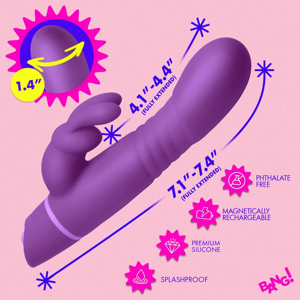 Purple vibrator with measurements and features on a pink background