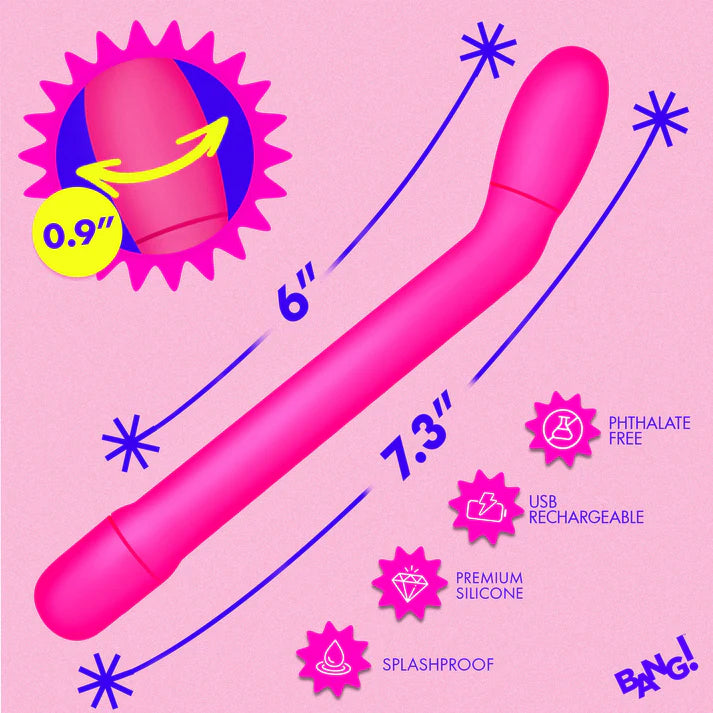 Pink toy with measurements and features on a pink background