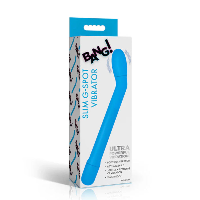 Box of a slim G-Spot vibrator with blue handle on a white background