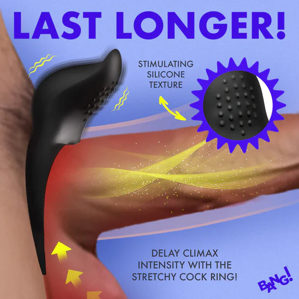 Illustration of a stretchy cock ring with text about its effects on delay climax intensity.