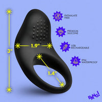 Black silicone cock ring with measurements and feature icons on a blue background