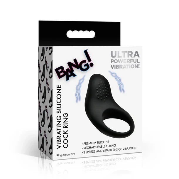 Box of a vibrating silicone cock ring with 'BANG!' branding on a white background