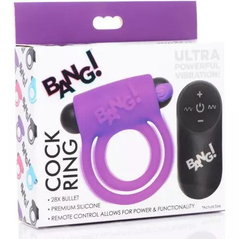 purple silicone double cock ring with rechargeable wireless bullet in bang box