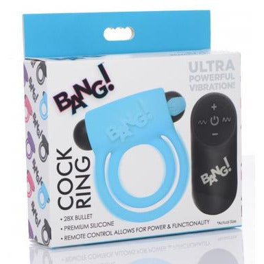 blue silicone double cock ring with rechargeable remote control bullet in bang box