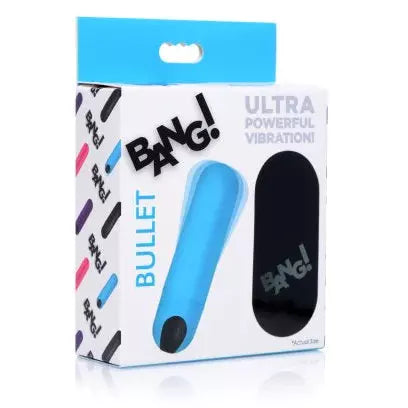 box with picture of blue silicone rechargeable bullet with remote