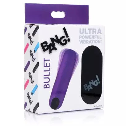 box with picture of purple silicone rechargeable bullet with remote