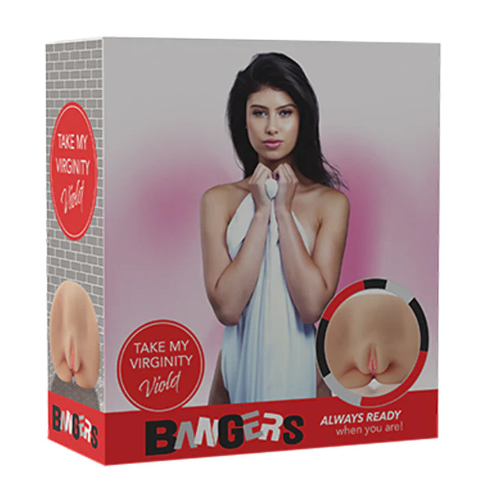 bangers take my virginity violet masturbator on box packaging