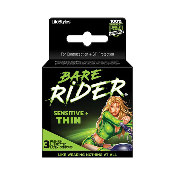 female on motor cycle box of condoms thin