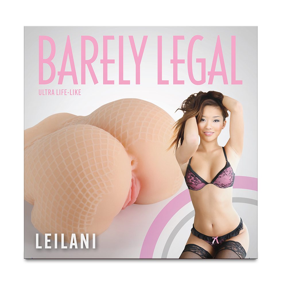 Product packaging for Leilani barely legal masturbator with a model and close-up of fabric.