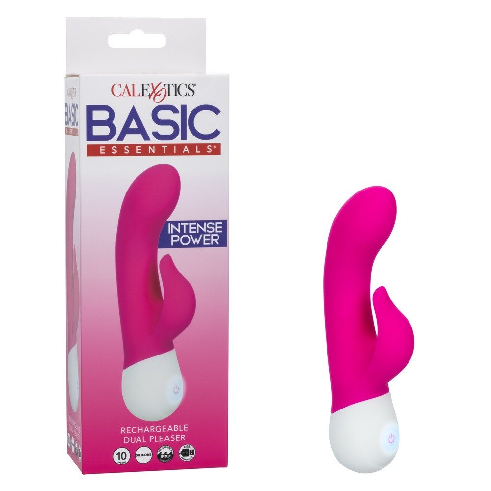 Pink and white rechargeable dual pleaser vibrator with Calexotics packaging on a white background
