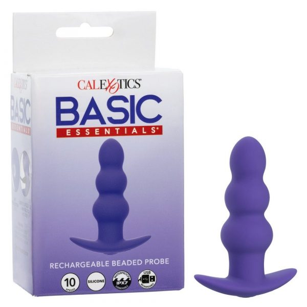 Purple silicone probe with packaging labeled 'Calexotics Basic Essentials' on a white background