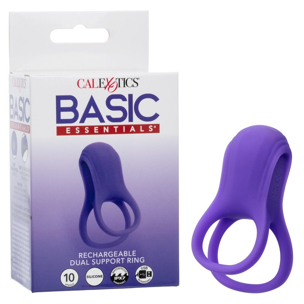 Purple rechargeable dual support cock ring with packaging labeled 'CalExotics Basic Essentials'.