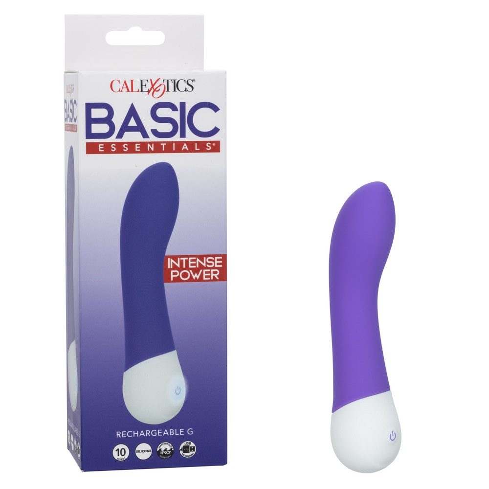 Purple and white Calexotics Basic Essentials g spot vibrator with packaging on a white background