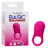 Pink rechargeable ridge rider cock ring with CalExotics packaging on a white background