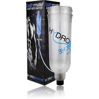 The hydro douche is an upside down clear cylinder with an open top and a smaller capped bottom. Shown next to its black display box depicting a naked man holding the product 