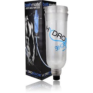 The hydro douche is an upside down clear cylinder with an open top and a smaller capped bottom. Shown next to its black display box depicting a naked man holding the product 
