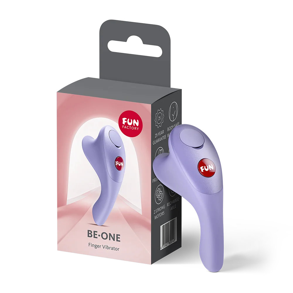 purple finger vibrator with 'Fun Factory' branding on packaging