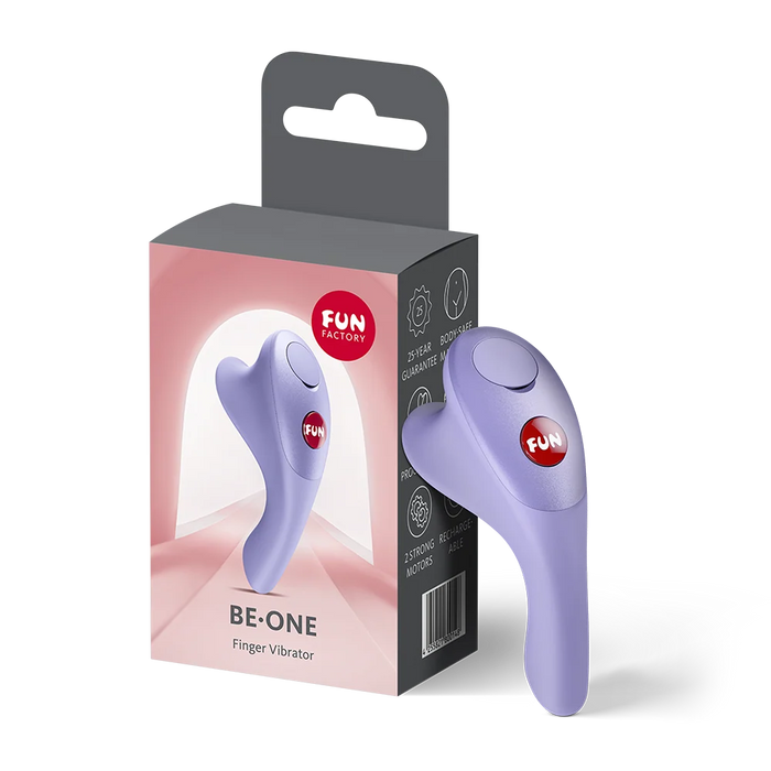 purple finger vibrator with 'Fun Factory' branding on packaging