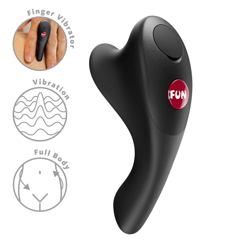Black finger vibrator with 'FUN' logo on a white background