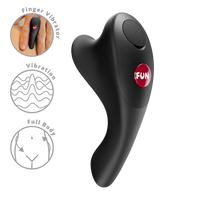 Black finger vibrator with 'FUN' logo on a white background