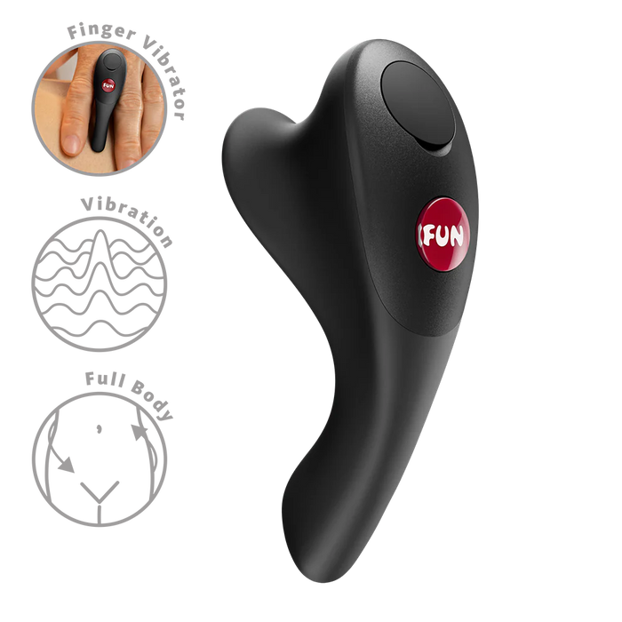 Black finger vibrator with 'FUN' logo on a white background