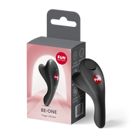 Black finger vibrator with 'Fun Factory' branding on packaging