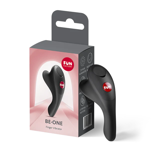 Black finger vibrator with 'Fun Factory' branding on packaging