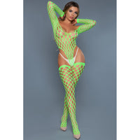 Model wearing a neon green fishnet bodysuit against a gray background