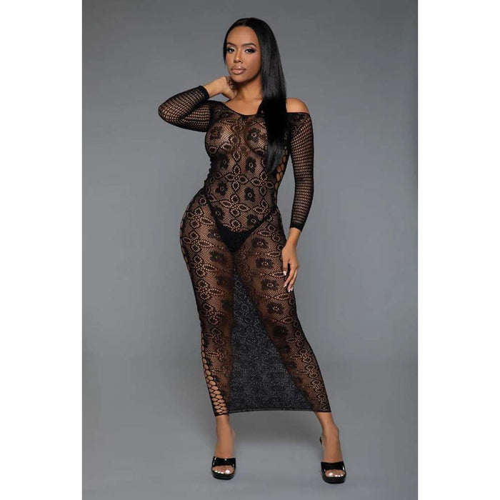 woman wearing long black maxi dress