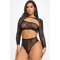 woman wearing a black top and bottom with rose impressions
