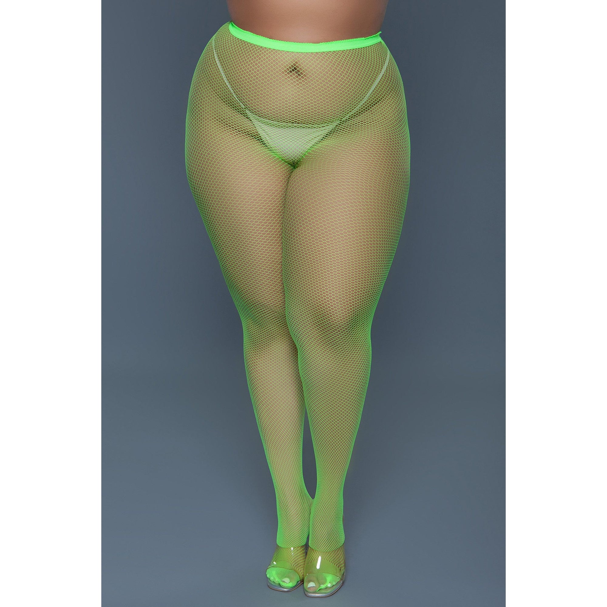 A pair of green mini fishnet pantyhose, made from 100% nylon, featuring a high-waisted design.