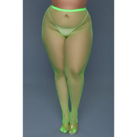 A pair of green mini fishnet pantyhose, made from 100% nylon, featuring a high-waisted design.