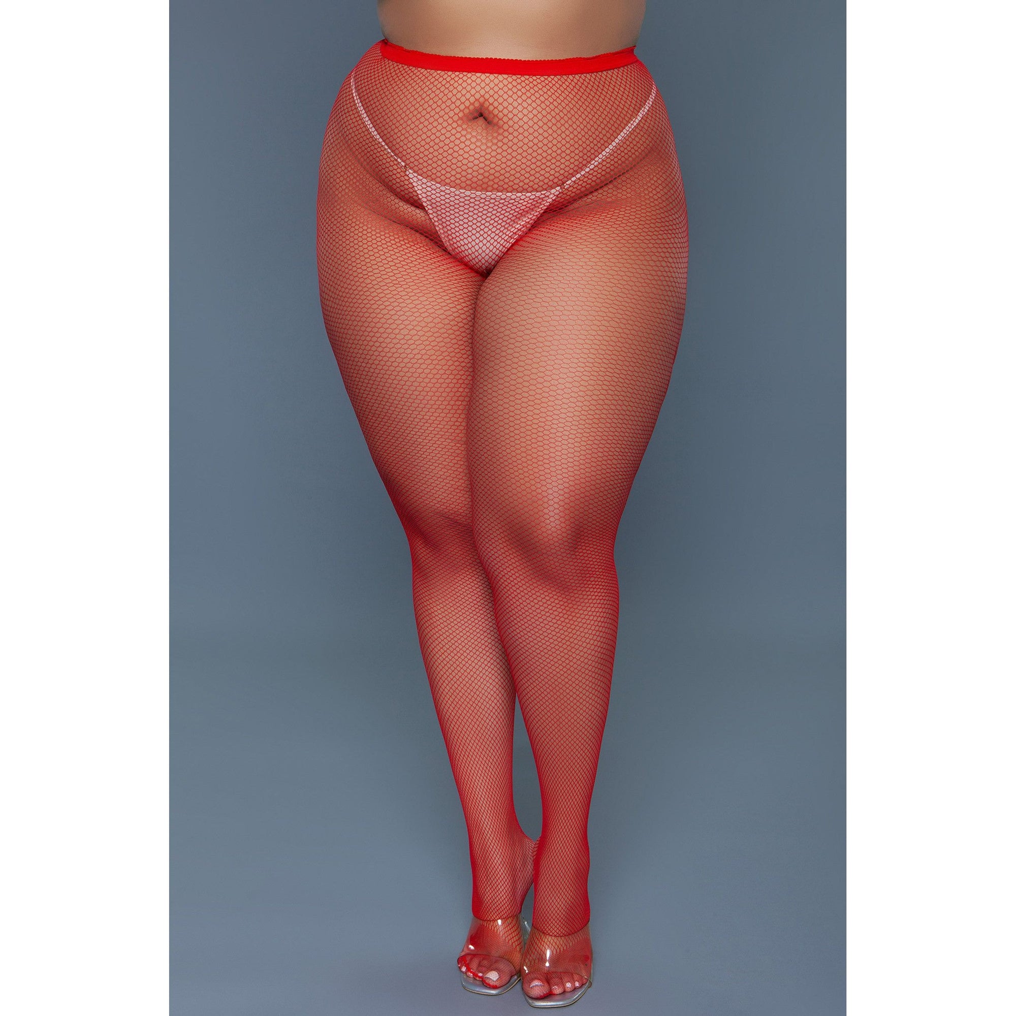 A pair of red mini fishnet pantyhose, made from 100% nylon, featuring a high-waisted design.