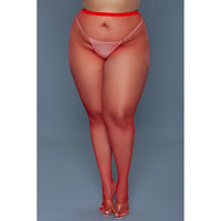 A pair of red mini fishnet pantyhose, made from 100% nylon, featuring a high-waisted design.