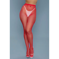 A pair of red mini fishnet pantyhose, made from 100% nylon, featuring a high-waisted design.