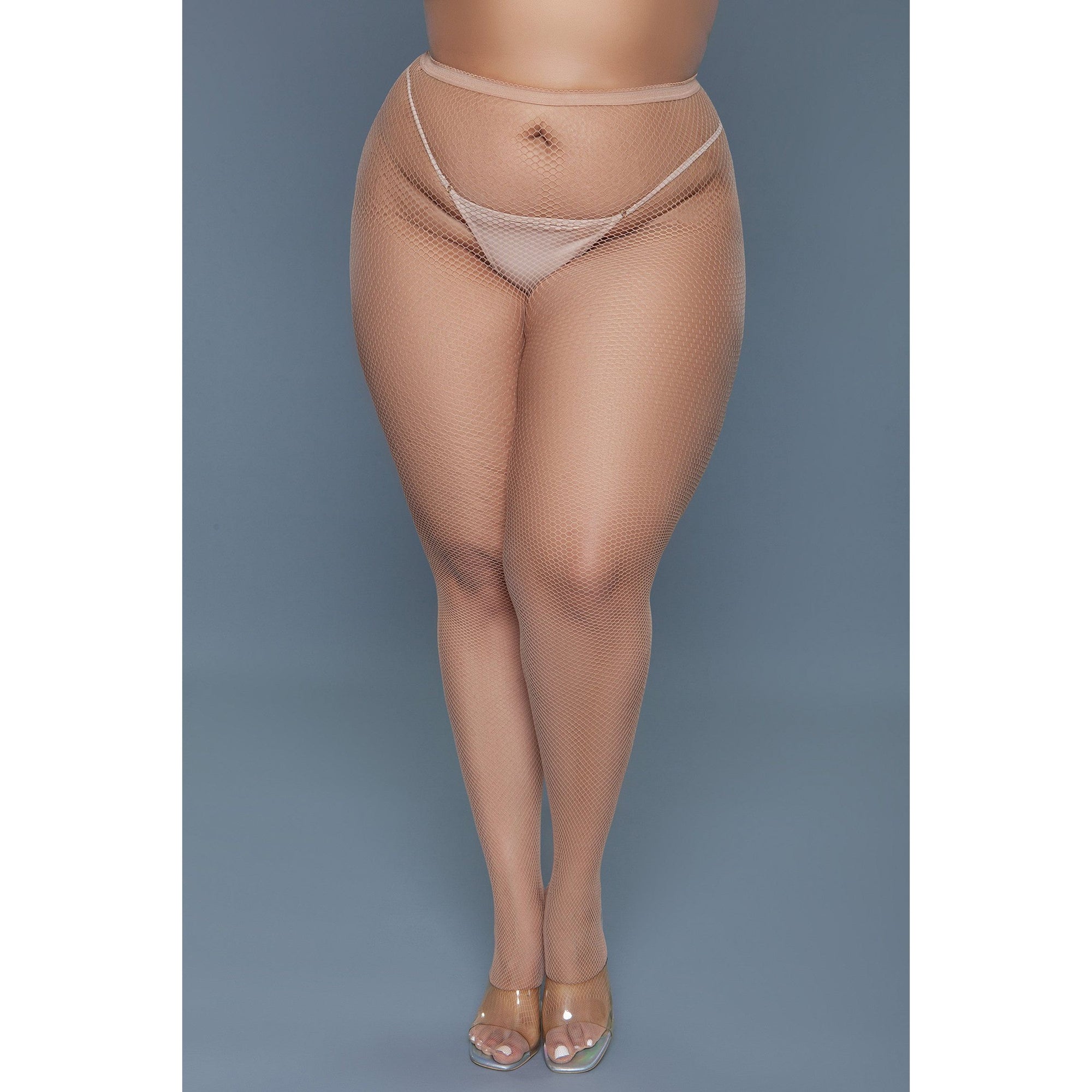 A pair of beige mini fishnet pantyhose, made from 100% nylon, featuring a high-waisted design.